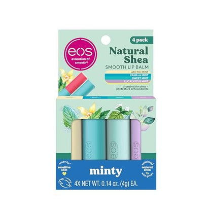 eos Natural Shea Minty Lip Balm Variety Pack - Arctic Mint, Vanilla Mint, Sweet Mint & Eucalyptus Mint, All-Day Moisture, 0.14 oz, 4-Pack