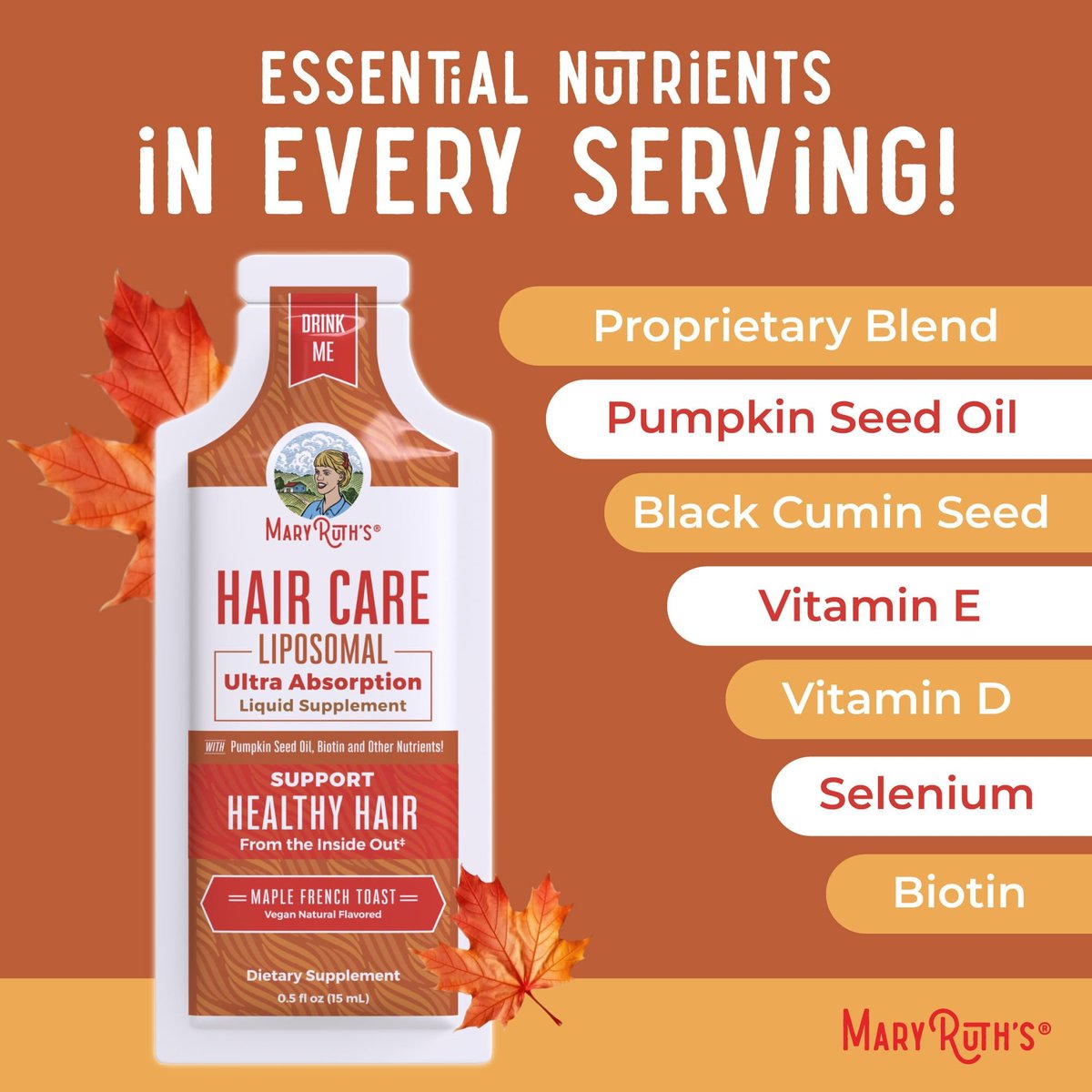 MaryRuth Organics Hair Growth Vitamins - Liquid Hair Supplement with Biotin, Vitamin D3, Hyaluronic Acid - Sugar & Gluten Free, Vegan, Non-GMO - 7 Fl Oz (14 Pouches) Avelisse