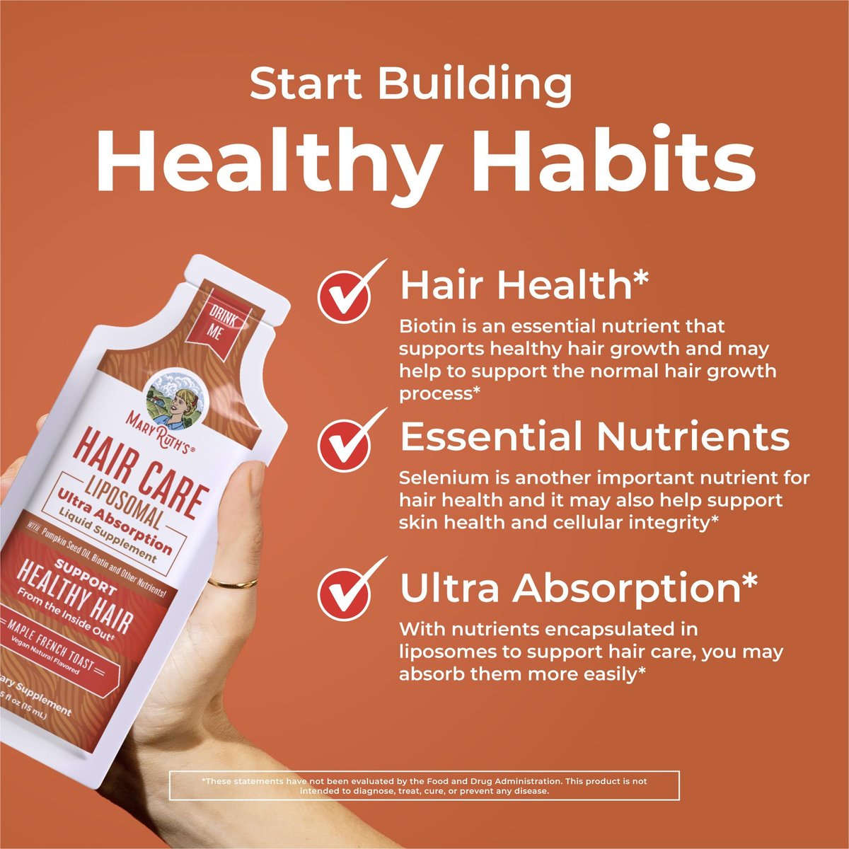 MaryRuth Organics Hair Growth Vitamins - Liquid Hair Supplement with Biotin, Vitamin D3, Hyaluronic Acid - Sugar & Gluten Free, Vegan, Non-GMO - 7 Fl Oz (14 Pouches) Avelisse