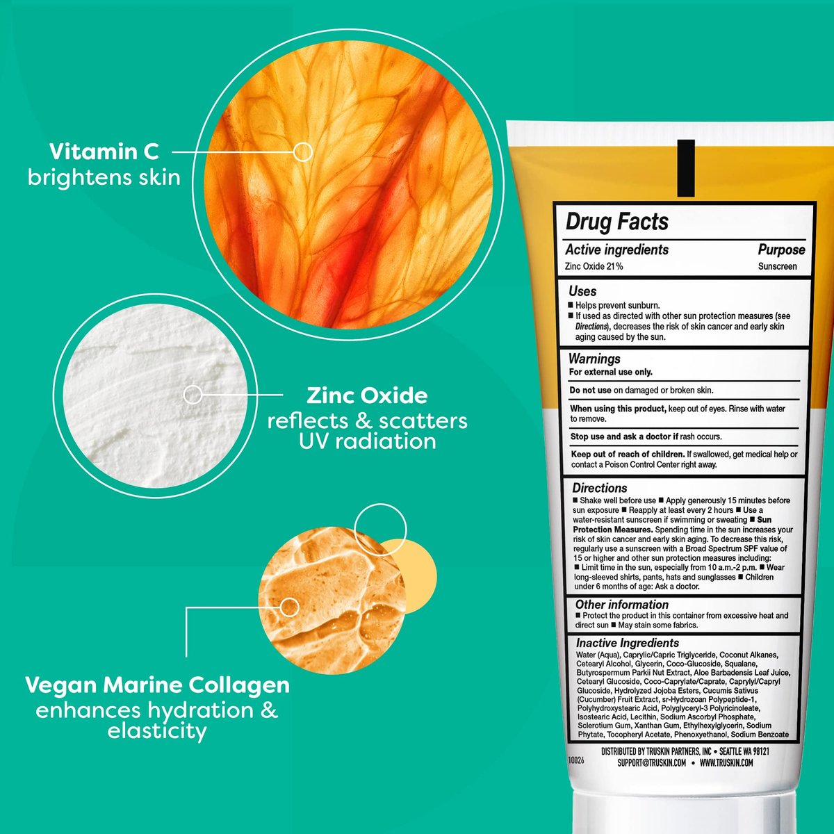 TruSkin Mineral Sunscreen SPF 30 for Face - Zinc Oxide Broad Spectrum Protection with Squalane, Vitamin C & Marine Collagen - Reef-Safe Mineral Face Sunscreen for Sensitive Skin, 1.7 fl oz Avelisse