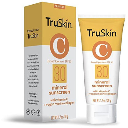 TruSkin Mineral Sunscreen SPF 30 for Face - Zinc Oxide Broad Spectrum Protection with Squalane, Vitamin C & Marine Collagen - Reef-Safe Mineral Face Sunscreen for Sensitive Skin, 1.7 fl oz Avelisse