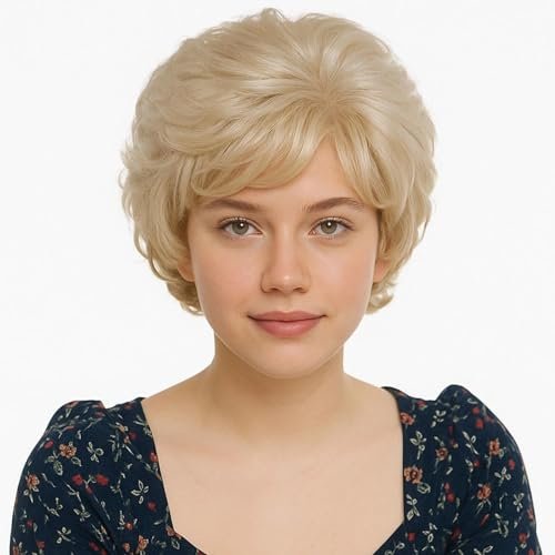 GNIMEGIL Lightest Golden Blonde Short Curly Wig for Seniors - Fluffy Synthetic Betty White Style Wig - görsel 4