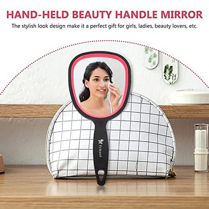 mpowtech Small Handheld Mirror with Handle – Lightweight Personal Mirror for Women and Girls, Ideal for Makeup, Travel, and Bathroom (6.11" x 2.95", Red & Black)
