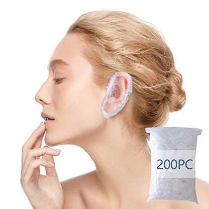 WOSHOP 200 Pack Clear Disposable Ear Protectors - Waterproof Plastic Shower Caps for Hair Dye, Bathing, and More