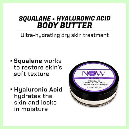 NOW BEAUTY Squalane Body Butter – Hydrating Body Lotion with Squalane, Hyaluronic Acid, Coconut Oil & Shea Butter for Dry Skin – Non-Greasy, Luxurious Cream – 6 oz