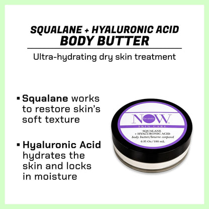 NOW BEAUTY Squalane Body Butter – Hydrating Body Lotion with Squalane, Hyaluronic Acid, Coconut Oil & Shea Butter for Dry Skin – Non-Greasy, Luxurious Cream – 6 oz