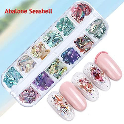 Vezocim Abalone Seashell Nail Art Sequins - 3D Irregular Thin Nail Glitter Flakes, Mermaid Shell Slices for UV Gel Acrylic Nails, Ocean Rivet Decorations, Colorful Shiny Accessories for Women Girls