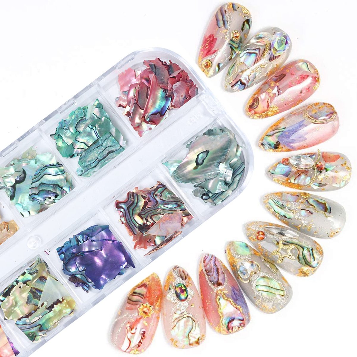 Vezocim Abalone Seashell Nail Art Sequins - 3D Irregular Thin Nail Glitter Flakes, Mermaid Shell Slices for UV Gel Acrylic Nails, Ocean Rivet Decorations, Colorful Shiny Accessories for Women Girls - görsel 7