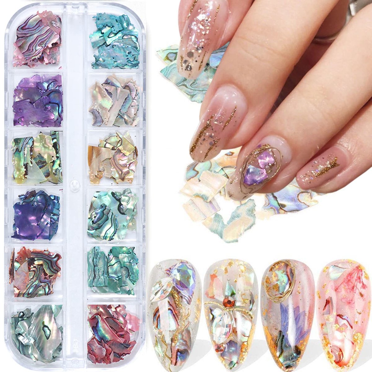 Vezocim Abalone Seashell Nail Art Sequins - 3D Irregular Thin Nail Glitter Flakes, Mermaid Shell Slices for UV Gel Acrylic Nails, Ocean Rivet Decorations, Colorful Shiny Accessories for Women Girls - görsel 1