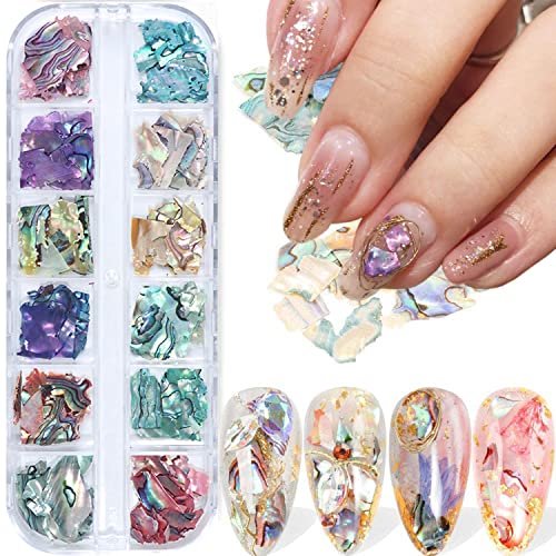 Vezocim Abalone Seashell Nail Art Sequins - 3D Irregular Thin Nail Glitter Flakes, Mermaid Shell Slices for UV Gel Acrylic Nails, Ocean Rivet Decorations, Colorful Shiny Accessories for Women Girls - görsel 2