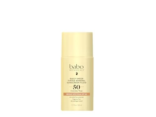 Babo Botanicals Daily Sheer Tinted Mineral Sunscreen Fluid SPF50 - Natural Zinc Oxide, Passion Fruit Oil, Golden-Hued Tint, Fragrance Free, Ultra-Lightweight Face Sunscreen for All Ages Avelisse