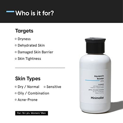 Minimalist Face Wash for Dry Skin with Hyaluronic Acid & Aquaporin Booster 5% – Gentle Hydrating Cleanser for Women & Men, 3.4 Fl Oz (100 ml)
