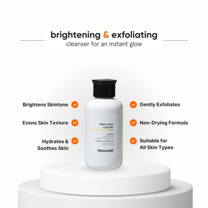 Minimalist ALA & AHA 7% Cleanser for Brightening, Exfoliating, Glow & Even Tone | With Vitamin B5 & Glycolic Acid | 3.4 Fl Oz