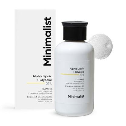 Minimalist ALA & AHA 7% Cleanser for Brightening, Exfoliating, Glow & Even Tone | With Vitamin B5 & Glycolic Acid | 3.4 Fl Oz