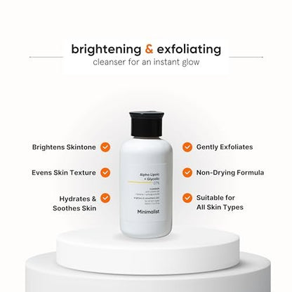 Minimalist ALA & AHA 7% Cleanser for Brightening, Exfoliating, Glow & Even Tone | With Vitamin B5 & Glycolic Acid | 3.4 Fl Oz