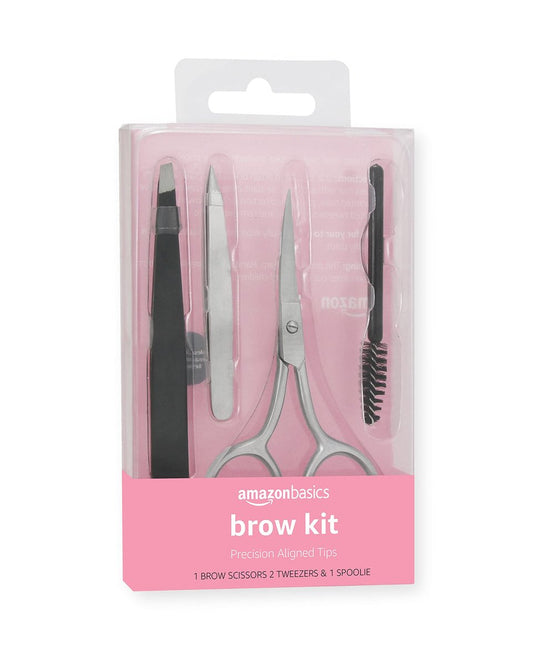 4-Piece Eyebrow Grooming Kit with Scissors, Tweezers, and Spoolie Brush for Shaping at Home – Black
