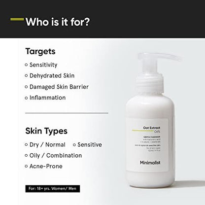 Minimalist 6% Oat Extract Gentle Face Wash for Sensitive, Dry & Dehydrated Skin with Hyaluronic Acid – Hydrating Cleanser for Women & Men, 4 Fl Oz (120 ml)