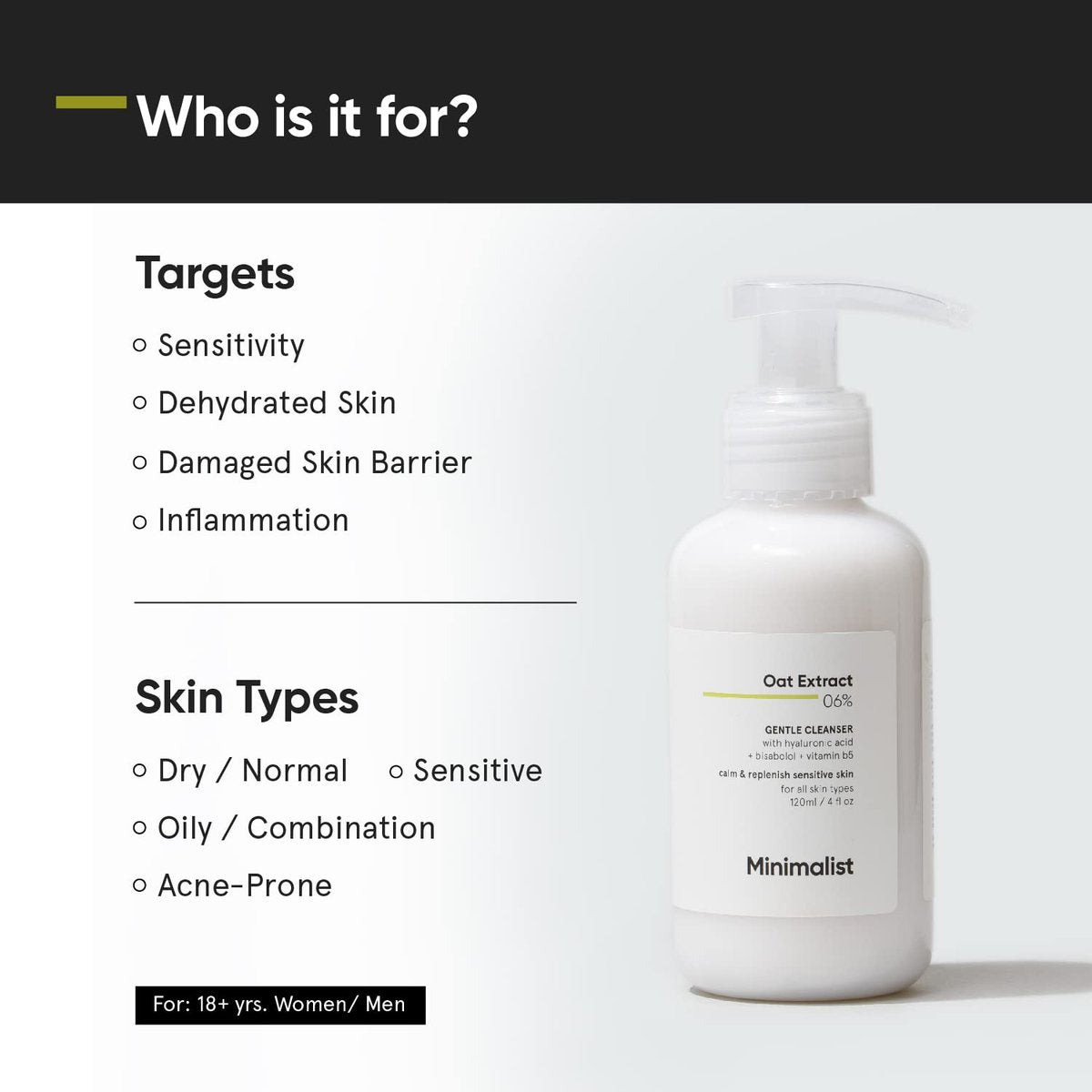 Minimalist 6% Oat Extract Gentle Face Wash for Sensitive, Dry & Dehydrated Skin with Hyaluronic Acid – Hydrating Cleanser for Women & Men, 4 Fl Oz (120 ml) - görsel 3