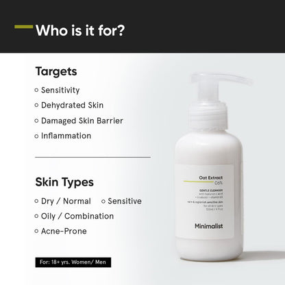 Minimalist 6% Oat Extract Gentle Face Wash for Sensitive, Dry & Dehydrated Skin with Hyaluronic Acid – Hydrating Cleanser for Women & Men, 4 Fl Oz (120 ml)