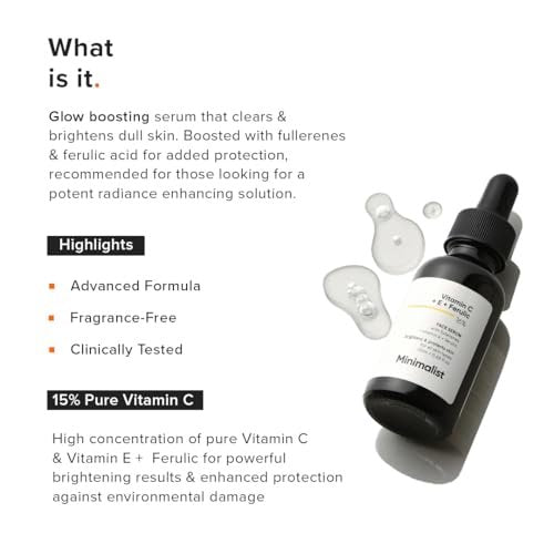 Minimalist Vitamin C+E+Ferulic Acid 16% Face Serum for Anti-Aging & Glow | Reduces Skin Damage & Redness | Brightens Dull Complexion | All Skin Types | 0.68 Fl Oz - görsel 4