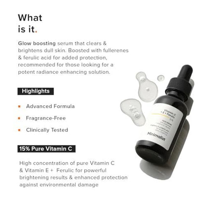 Minimalist Vitamin C+E+Ferulic Acid 16% Face Serum for Anti-Aging & Glow | Reduces Skin Damage & Redness | Brightens Dull Complexion | All Skin Types | 0.68 Fl Oz