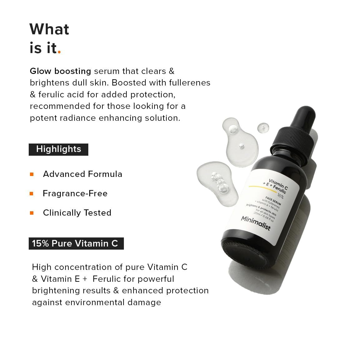 Minimalist Vitamin C+E+Ferulic Acid 16% Face Serum for Anti-Aging & Glow | Reduces Skin Damage & Redness | Brightens Dull Complexion | All Skin Types | 0.68 Fl Oz - görsel 3