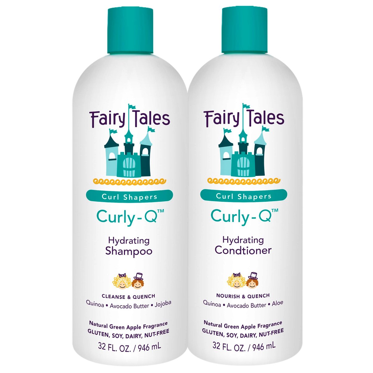 Fairy Tales Curly-Q Hydrating Shampoo and Conditioner for Kids - Paraben, Sulfate, Gluten and Nut Free - For All Curl Types Including Multi Cultural Hair – 32 oz (2 Pack) Avelisse