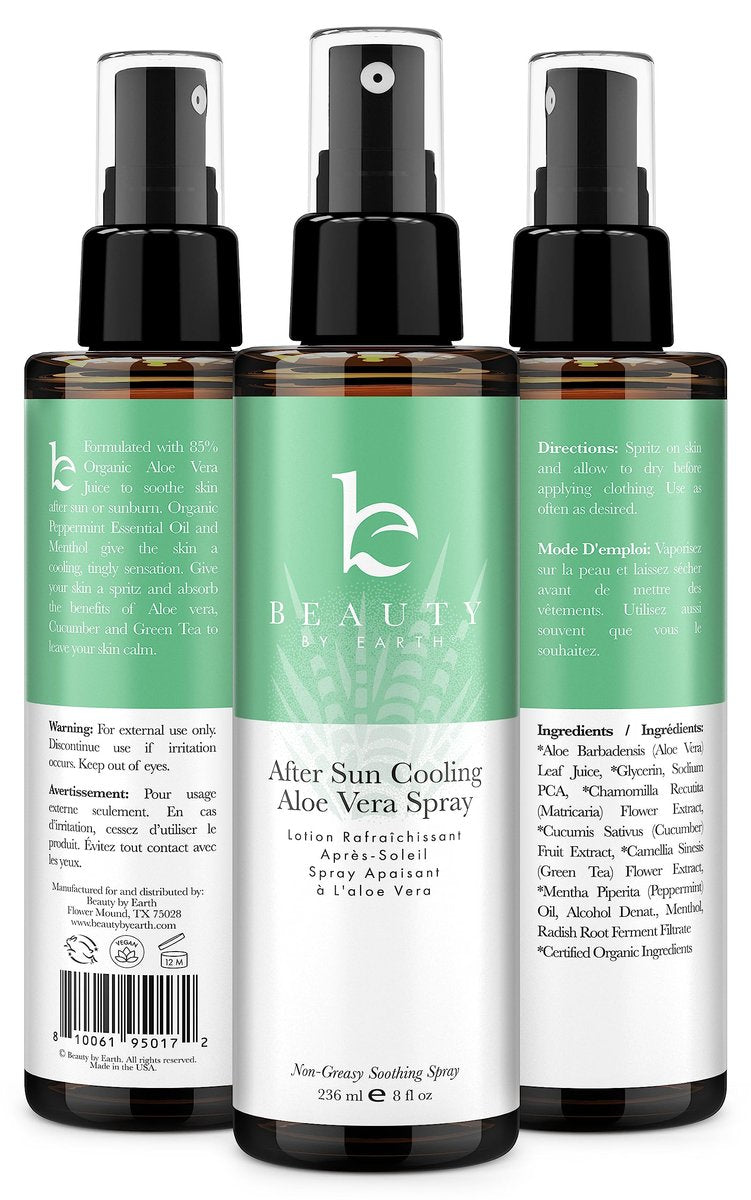 Beauty by Earth After Sun Cooling Aloe Vera Spray - USA Made with Organic Aloe Vera, Fast Absorbing After Sun Care for Sunburn Relief, 8 Fl Oz Avelisse