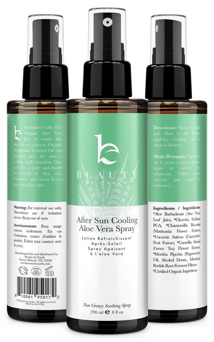 Beauty by Earth After Sun Cooling Aloe Vera Spray - USA Made with Organic Aloe Vera, Fast Absorbing After Sun Care for Sunburn Relief, 8 Fl Oz Avelisse