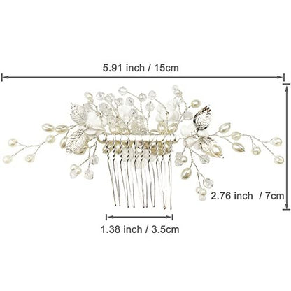 Pearl Floral Bridal Hair Vine Comb - White Flower Silver Leaf Wedding Hair Pin for Women & Girls