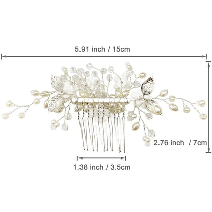 Pearl Floral Bridal Hair Vine Comb - White Flower Silver Leaf Wedding Hair Pin for Women & Girls