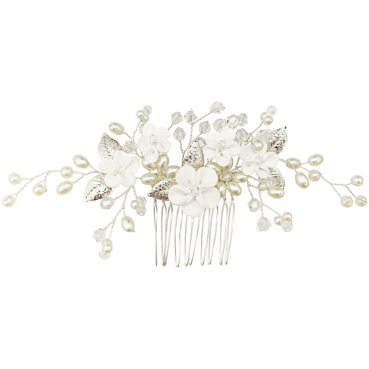 Pearl Floral Bridal Hair Vine Comb - White Flower Silver Leaf Wedding Hair Pin for Women & Girls - görsel 5