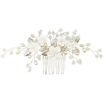 Pearl Floral Bridal Hair Vine Comb - White Flower Silver Leaf Wedding Hair Pin for Women & Girls