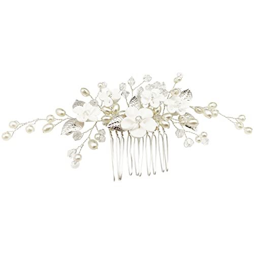 Pearl Floral Bridal Hair Vine Comb - White Flower Silver Leaf Wedding Hair Pin for Women & Girls - görsel 8