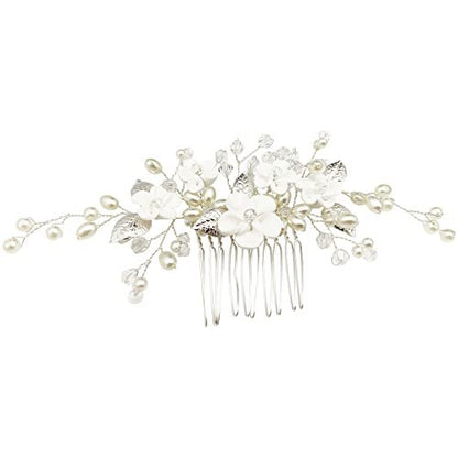 Pearl Floral Bridal Hair Vine Comb - White Flower Silver Leaf Wedding Hair Pin for Women & Girls