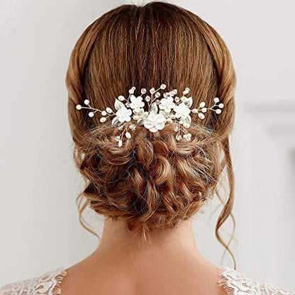 Pearl Floral Bridal Hair Vine Comb - White Flower Silver Leaf Wedding Hair Pin for Women & Girls