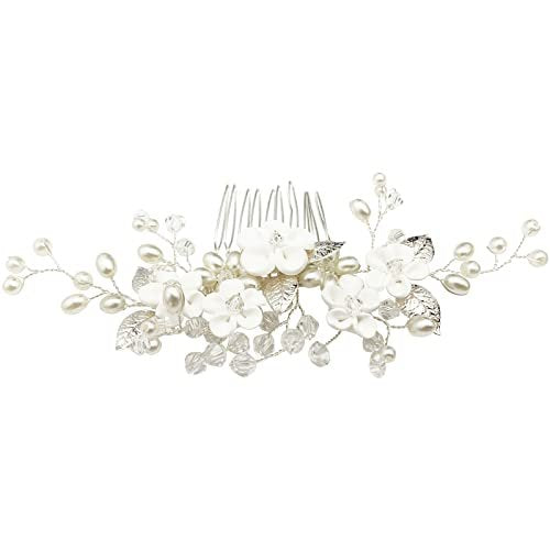 Pearl Floral Bridal Hair Vine Comb - White Flower Silver Leaf Wedding Hair Pin for Women & Girls - görsel 10