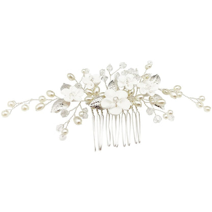 Pearl Floral Bridal Hair Vine Comb - White Flower Silver Leaf Wedding Hair Pin for Women & Girls