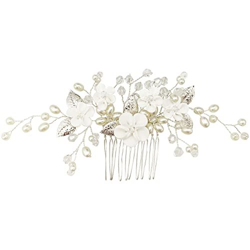 Pearl Floral Bridal Hair Vine Comb - White Flower Silver Leaf Wedding Hair Pin for Women & Girls - görsel 6
