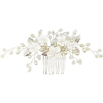 Pearl Floral Bridal Hair Vine Comb - White Flower Silver Leaf Wedding Hair Pin for Women & Girls