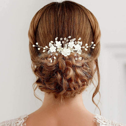 Pearl Floral Bridal Hair Vine Comb - White Flower Silver Leaf Wedding Hair Pin for Women & Girls