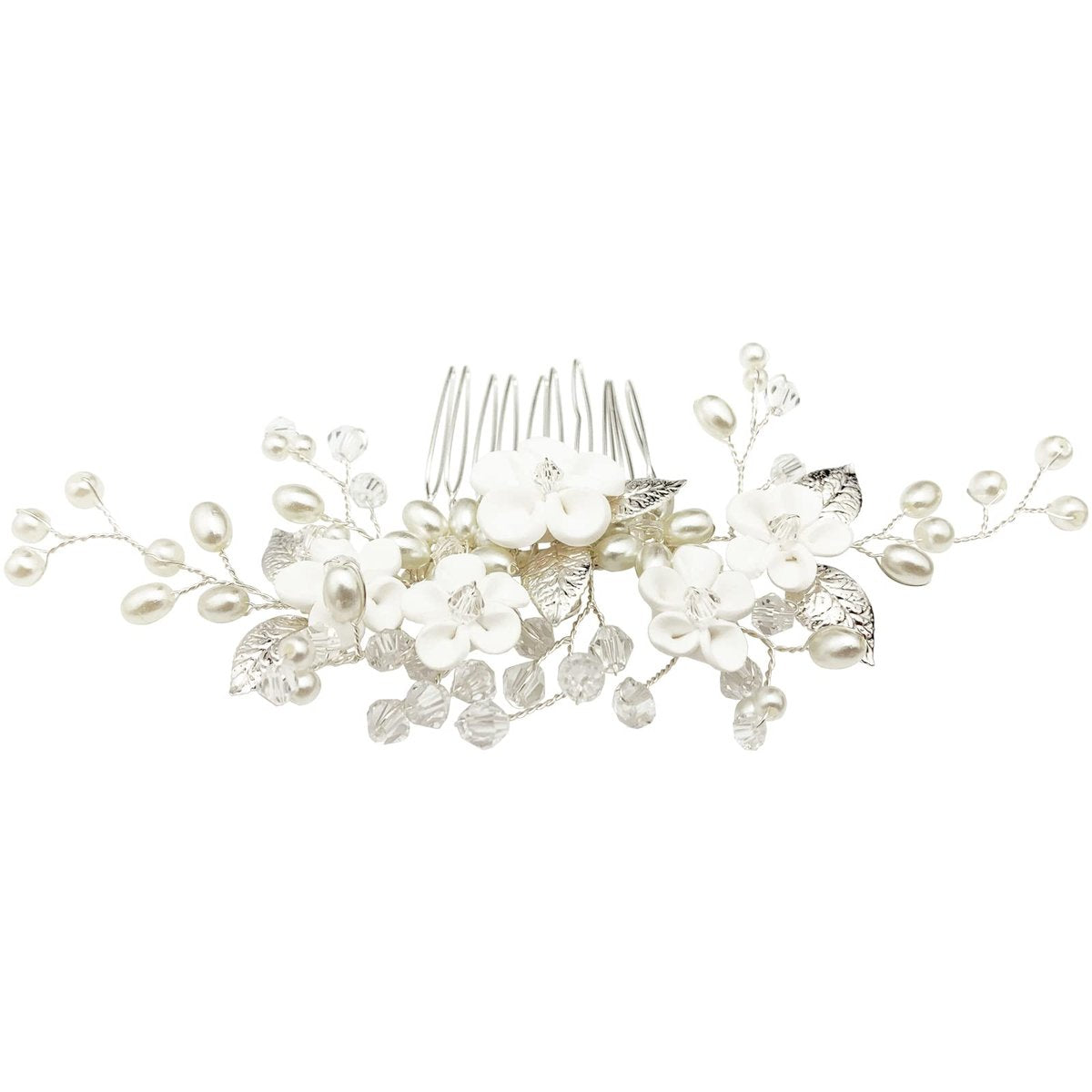 Pearl Floral Bridal Hair Vine Comb - White Flower Silver Leaf Wedding Hair Pin for Women & Girls - görsel 9
