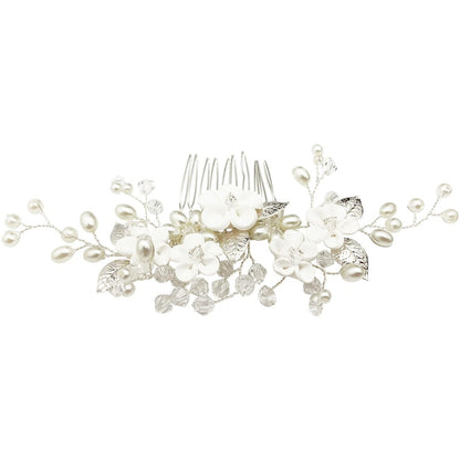 Pearl Floral Bridal Hair Vine Comb - White Flower Silver Leaf Wedding Hair Pin for Women & Girls