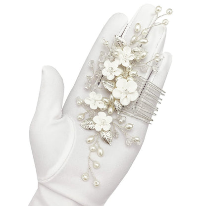 Pearl Floral Bridal Hair Vine Comb - White Flower Silver Leaf Wedding Hair Pin for Women & Girls