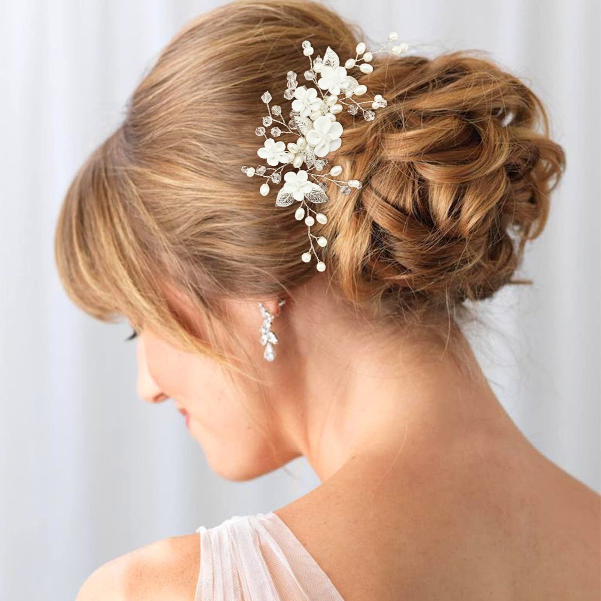 Pearl Floral Bridal Hair Vine Comb - White Flower Silver Leaf Wedding Hair Pin for Women & Girls - görsel 3