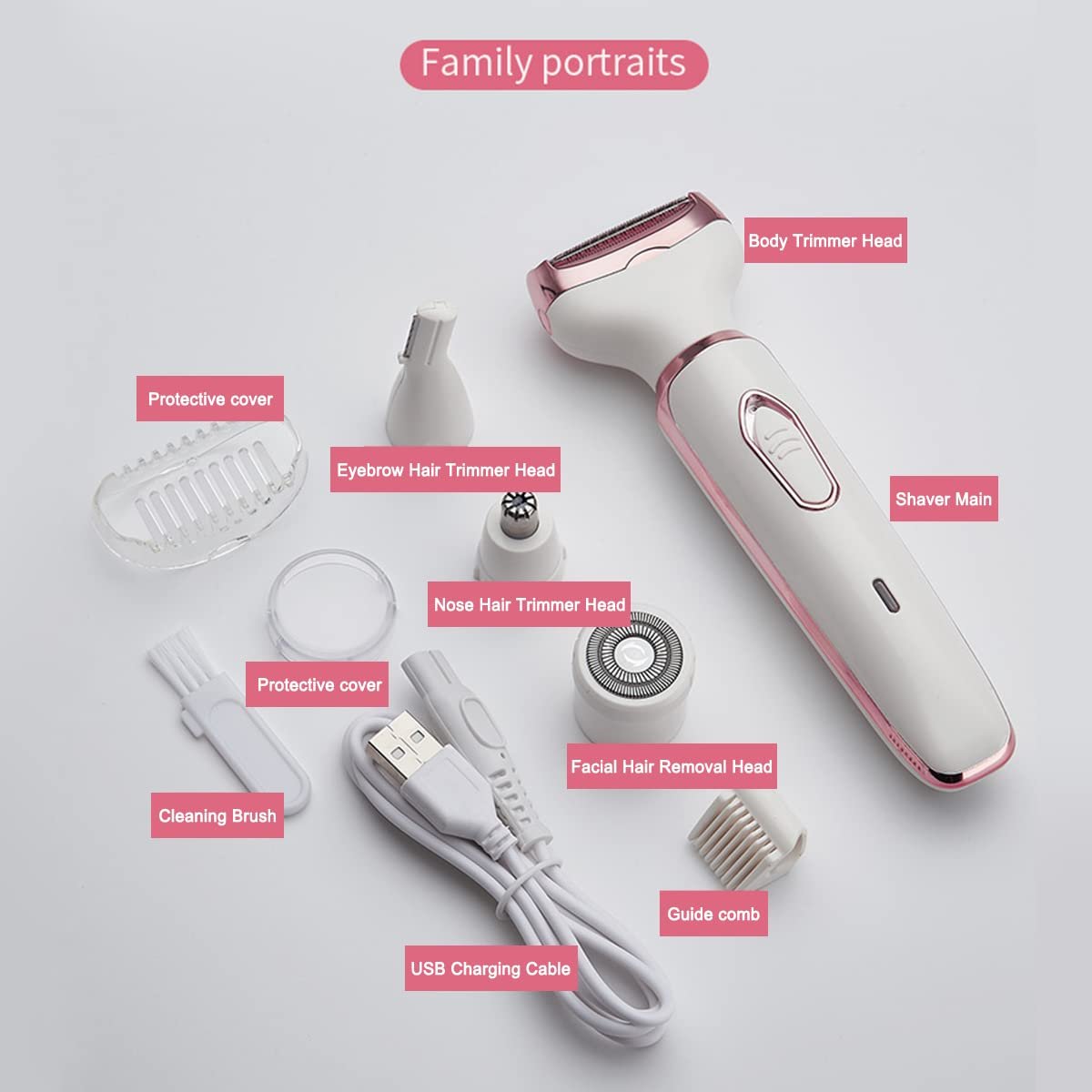 ANFOOS Electric Razor for Women - 4 in 1 Painless Hair Trimmer, Rechargeable Portable Body Shaver Set for Face, Nose, Eyebrow, Beard, Mustache, Arm, Leg, Armpit, Bikini (White, 9 Piece Set) Avelisse