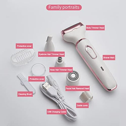 ANFOOS Electric Razor for Women - 4 in 1 Painless Hair Trimmer, Rechargeable Portable Body Shaver Set for Face, Nose, Eyebrow, Beard, Mustache, Arm, Leg, Armpit, Bikini (White, 9 Piece Set) Avelisse