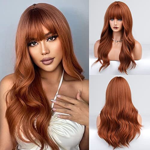 Natural Synthetic Auburn Wig with Bangs Long Curly Orange Hair for Women - Heat Resistant Kanekalon Fibre Wig by HAIRCUBE - görsel 1