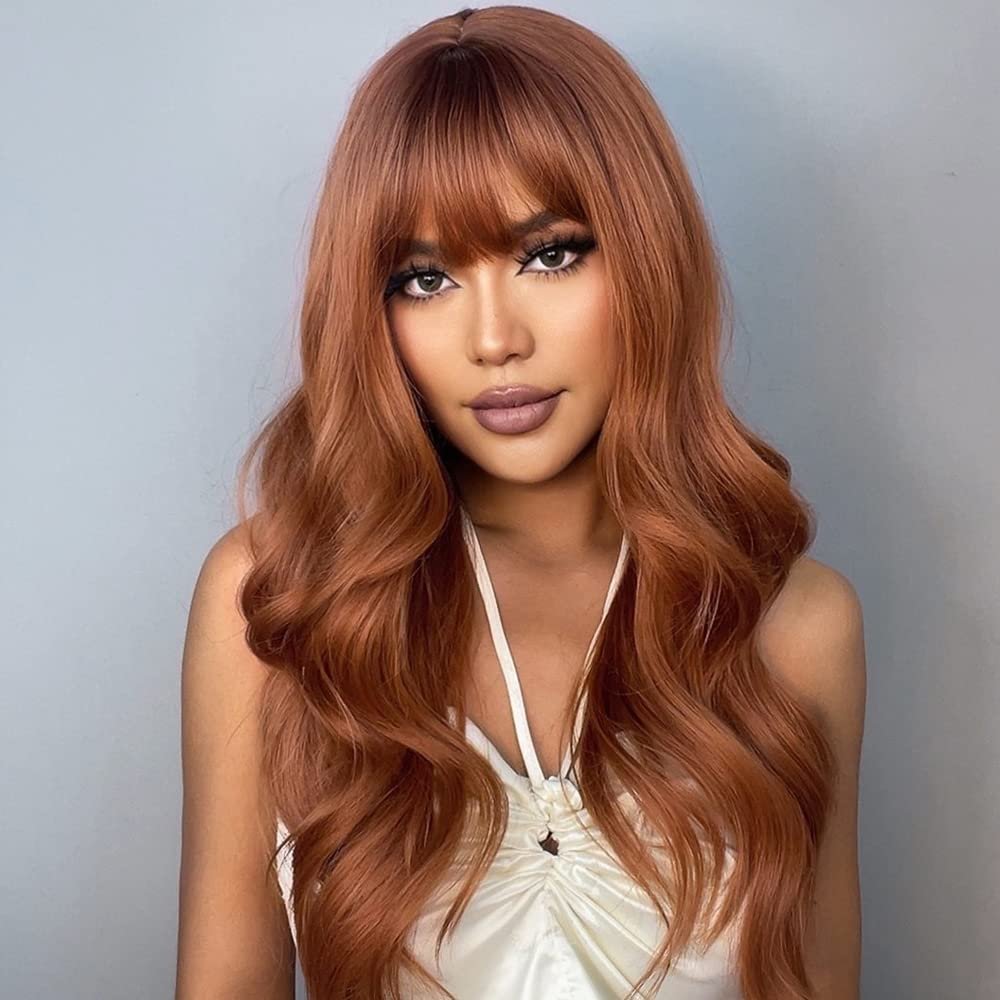 Natural Synthetic Auburn Wig with Bangs Long Curly Orange Hair for Women - Heat Resistant Kanekalon Fibre Wig by HAIRCUBE - görsel 4
