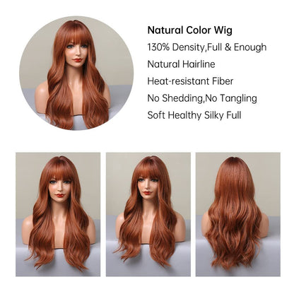 Natural Synthetic Auburn Wig with Bangs Long Curly Orange Hair for Women - Heat Resistant Kanekalon Fibre Wig by HAIRCUBE